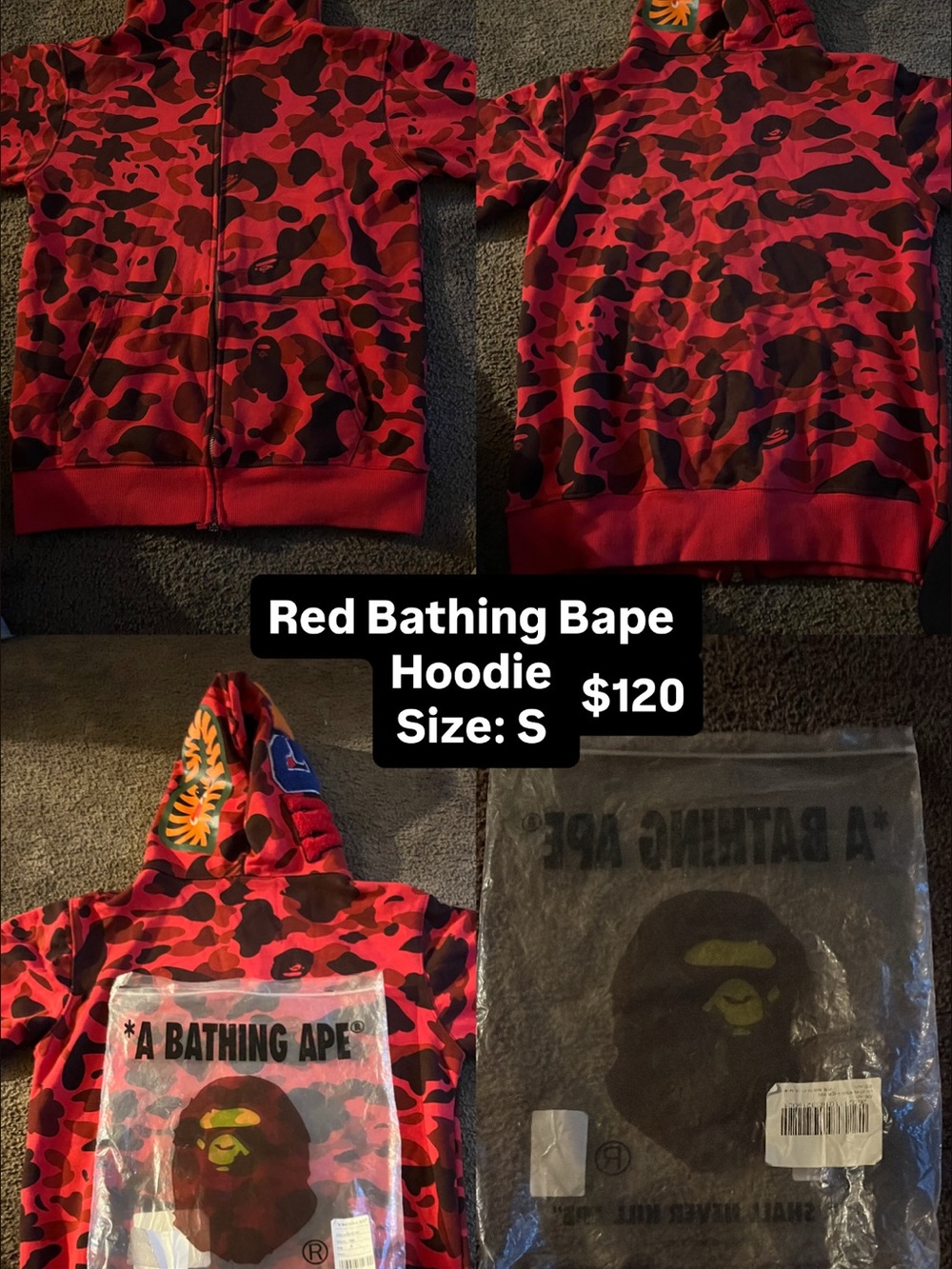 Red Bathing Bape Hoodie Full Zip Size Small